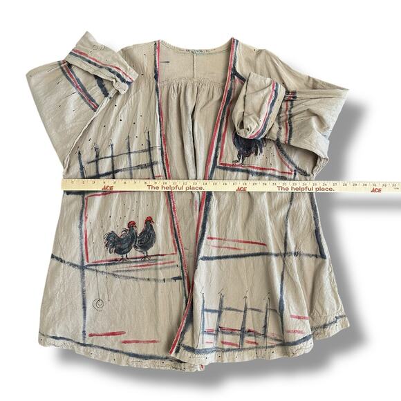 Handmade Kay Campbell Art-to-Wear Linen Jacket OOAK Rooster Size Free/L Fit - Picture 3 of 8